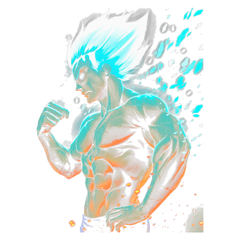 Personagem de anime com cabelo azul brilhante e músculos definidos, emitindo energia luminosa e fragmentos coloridos ao seu redor, em pose de determinação.
