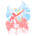 Imagem estilizada de uma figura mitológica com asas, representando um ser alado em tons de vermelho e azul, em uma pose dinâmica sobre um fundo vibrante.