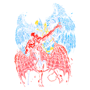 Imagem estilizada de uma figura mitológica com asas, representando um ser alado em tons de vermelho e azul, em uma pose dinâmica sobre um fundo vibrante.