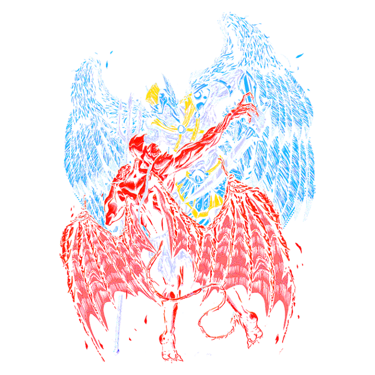 Imagem estilizada de uma figura mitológica com asas, representando um ser alado em tons de vermelho e azul, em uma pose dinâmica sobre um fundo vibrante.