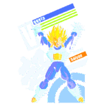 Vegeta transformado em Super Saiyajin, destacado com cabelos dourados e traje azul. A imagem apresenta um fundo colorido com elementos gráficos que enfatizam sua força e intensidade. Ideal para fãs de Dragon Ball.