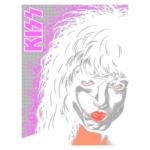 Ilustração do vocalista da banda KISS com maquiagem icônica, cabelo volumoso e fundo com estrelas roxas. Ideal para fãs de rock e cultura pop.