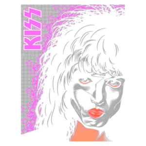 Ilustração do vocalista da banda KISS com maquiagem icônica, cabelo volumoso e fundo com estrelas roxas. Ideal para fãs de rock e cultura pop.
