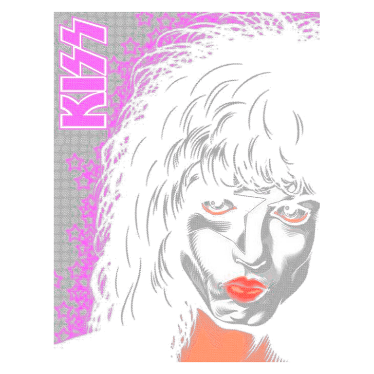 Ilustração do vocalista da banda KISS com maquiagem icônica, cabelo volumoso e fundo com estrelas roxas. Ideal para fãs de rock e cultura pop.