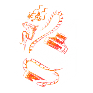 Ilustração de uma serpente envolta em garrafas de uísque, com detalhes em laranja e branco, simbolizando a linha de bebida "Right Side Bra" e evocando um tema de bar estilizado.