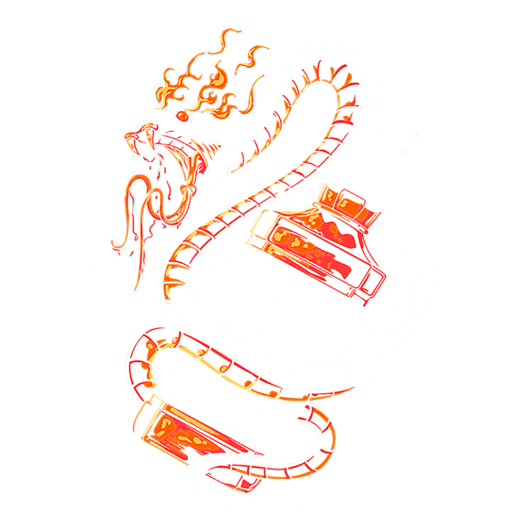 Ilustração de uma serpente envolta em garrafas de uísque, com detalhes em laranja e branco, simbolizando a linha de bebida "Right Side Bra" e evocando um tema de bar estilizado.