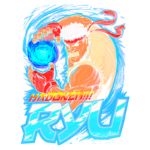 Ryu em ação, lançando um Hadouken com uma esfera de energia azul, representando um dos personagens icônicos do jogo Street Fighter. A arte destaca sua expressão determinada e músculos definidos, com um fundo vibrante em azul.