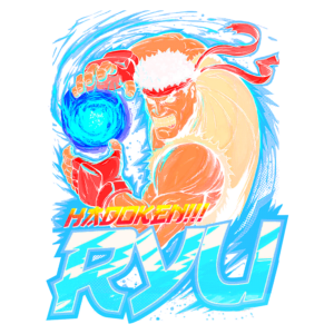 Ryu em ação, lançando um Hadouken com uma esfera de energia azul, representando um dos personagens icônicos do jogo Street Fighter. A arte destaca sua expressão determinada e músculos definidos, com um fundo vibrante em azul.