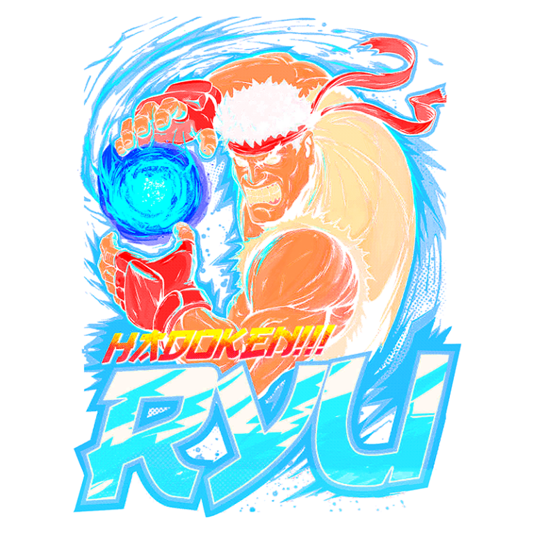 Ryu em ação, lançando um Hadouken com uma esfera de energia azul, representando um dos personagens icônicos do jogo Street Fighter. A arte destaca sua expressão determinada e músculos definidos, com um fundo vibrante em azul.