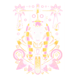 Ilustração vibrante e colorida de um símbolo místico, com elementos como uma cabeça de animal estilizada, estrelas, e formas geométricas em tons de rosa e dourado, evocando um sentido de espiritualidade e cultura.