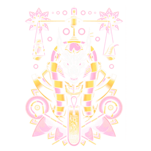 Ilustração vibrante e colorida de um símbolo místico, com elementos como uma cabeça de animal estilizada, estrelas, e formas geométricas em tons de rosa e dourado, evocando um sentido de espiritualidade e cultura.