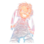 Boneco Chucky com expressão ameaçadora, segurando facas em cada mão, vestindo macacão com a frase "good guy" e cabelo desgrenhado, em estilo gráfico vibrante. Ideal para temas de terror e cultura pop.