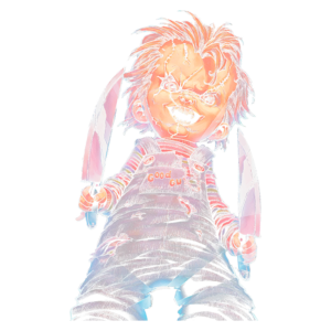 Boneco Chucky com expressão ameaçadora, segurando facas em cada mão, vestindo macacão com a frase "good guy" e cabelo desgrenhado, em estilo gráfico vibrante. Ideal para temas de terror e cultura pop.