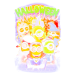 Imagem colorida de Minions fantasiados para o Halloween, incluindo um vampiro, um múmia e uma bruxa, com a palavra "HALLOWEEN" em destaque no topo.