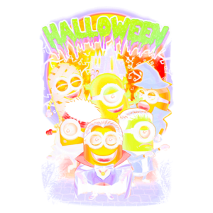 Imagem colorida de Minions fantasiados para o Halloween, incluindo um vampiro, um múmia e uma bruxa, com a palavra "HALLOWEEN" em destaque no topo.