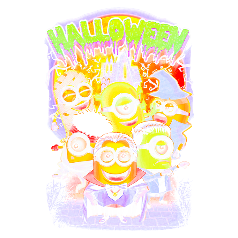 Imagem colorida de Minions fantasiados para o Halloween, incluindo um vampiro, um múmia e uma bruxa, com a palavra "HALLOWEEN" em destaque no topo.