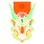 Máscara colorida com detalhes intricados, representando elementos culturais, com chifres longos e adornos brilhantes. Ao fundo, um símbolo do sol em tonalidade laranja. Ideal para representações artísticas e folclóricas.