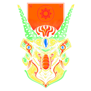 Máscara colorida com detalhes intricados, representando elementos culturais, com chifres longos e adornos brilhantes. Ao fundo, um símbolo do sol em tonalidade laranja. Ideal para representações artísticas e folclóricas.
