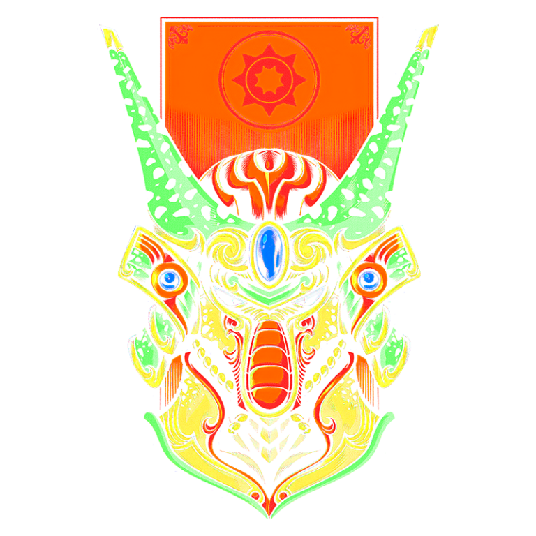 Máscara colorida com detalhes intricados, representando elementos culturais, com chifres longos e adornos brilhantes. Ao fundo, um símbolo do sol em tonalidade laranja. Ideal para representações artísticas e folclóricas.