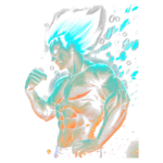 Ilustração de um herói musculoso com cabelo azul brilhante, envolto por uma aura energética de cores vibrantes; a imagem transmite força e determinação, ideal para temas de superação e poder.