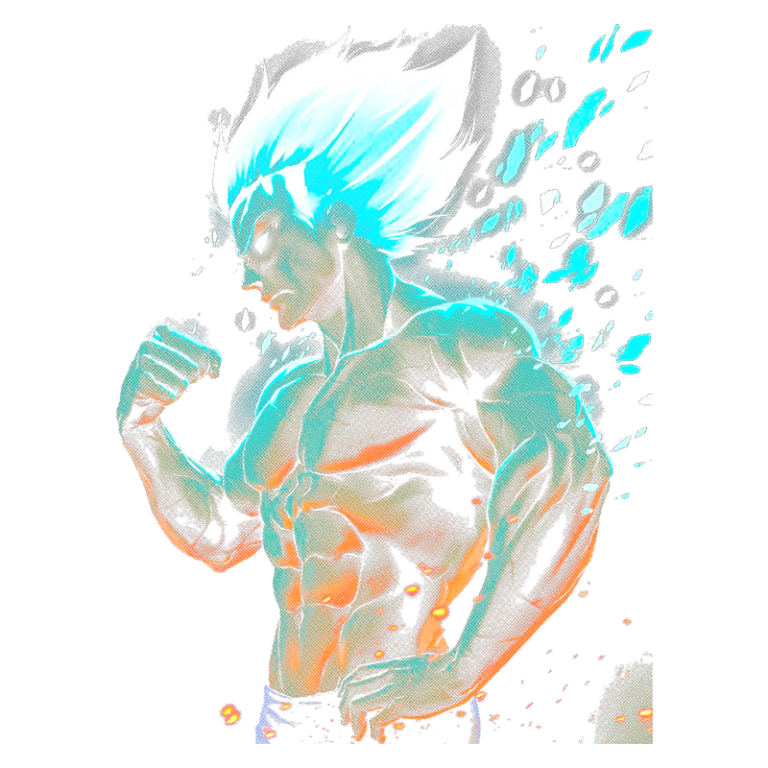 Ilustração de um herói musculoso com cabelo azul brilhante, envolto por uma aura energética de cores vibrantes; a imagem transmite força e determinação, ideal para temas de superação e poder.
