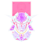 Máscara de guerreiro estilizada, com detalhes em tons de roxo e branco, adornada com elementos decorativos e texturas intricadas, destacando sua presença imponente. Fundo colorido que realça o design artístico.