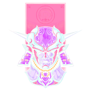 Máscara de guerreiro estilizada, com detalhes em tons de roxo e branco, adornada com elementos decorativos e texturas intricadas, destacando sua presença imponente. Fundo colorido que realça o design artístico.