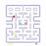 Captura de tela do jogo clássico Pac-Man, mostrando o labirinto com o Pac-Man coletando pontos e evitando fantasmas coloridos, incluindo Blinky, Pinky, Inky e Clyde. Exibição do placar de pontos e vidas restantes.