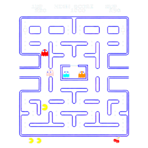 Captura de tela do jogo clássico Pac-Man, mostrando o labirinto com o Pac-Man coletando pontos e evitando fantasmas coloridos, incluindo Blinky, Pinky, Inky e Clyde. Exibição do placar de pontos e vidas restantes.