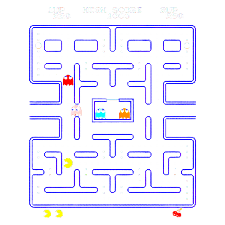 Captura de tela do jogo clássico Pac-Man, mostrando o labirinto com o Pac-Man coletando pontos e evitando fantasmas coloridos, incluindo Blinky, Pinky, Inky e Clyde. Exibição do placar de pontos e vidas restantes.