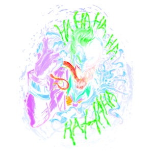 Imagem estilizada do Coringa, personagem icônico da DC Comics, em cores vibrantes e traços dinâmicos. A arte captura sua expressão maníaca, com elementos psicodélicos ao redor, refletindo sua personalidade caótica e provocadora.