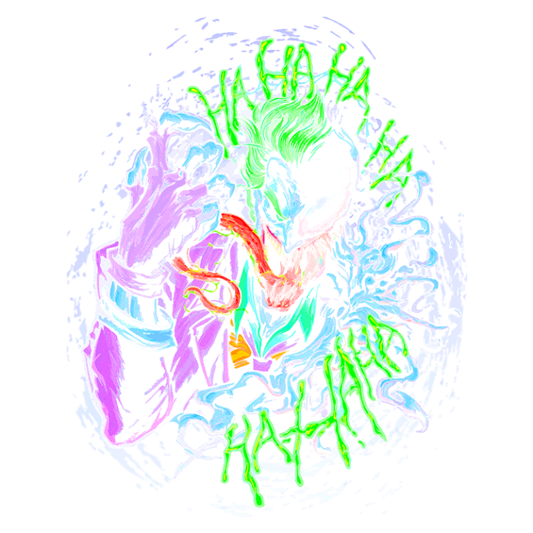 Imagem estilizada do Coringa, personagem icônico da DC Comics, em cores vibrantes e traços dinâmicos. A arte captura sua expressão maníaca, com elementos psicodélicos ao redor, refletindo sua personalidade caótica e provocadora.