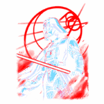 Ilustração do personagem Darth Vader, com um sabre de luz vermelho, em estilo vibrante e colorido, destacando-se contra um fundo gráfico. Ideal para fã de Star Wars.
