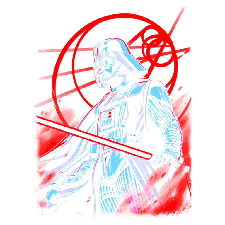 Ilustração do personagem Darth Vader, com um sabre de luz vermelho, em estilo vibrante e colorido, destacando-se contra um fundo gráfico. Ideal para fã de Star Wars.