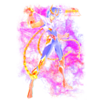 Imagem de um personagem de anime de armadura brilhante, com cabelo azul e detalhes dourados, em uma pose dinâmica contra um fundo vibrante roxo. O personagem parece preparado para uma batalha, enfatizando a ação e a fantasia do universo anime.