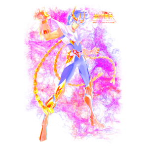 Imagem de um personagem de anime de armadura brilhante, com cabelo azul e detalhes dourados, em uma pose dinâmica contra um fundo vibrante roxo. O personagem parece preparado para uma batalha, enfatizando a ação e a fantasia do universo anime.