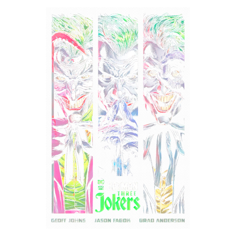 Capa da obra "Batman: Three Jokers" com três versões do Coringa, ilustradas por Geoff Johns, Jason Fabok e Brad Anderson, destacando suas expressões e características marcantes.