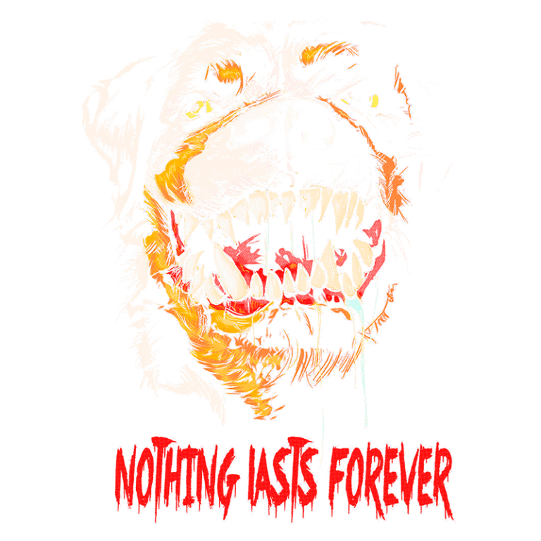 Imagem de um animal com uma expressão feroz e dentes expostos, com o texto "Nothing lasts forever" abaixo, em um estilo gráfico vibrante e agressivo.
