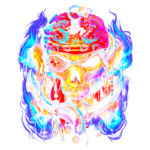 Caveira artisticamente decorada com elementos de pirata, como espadas e adornos, em um fundo colorido vibrante. Ideal para temas de arte, tatuagens e cultura pop.