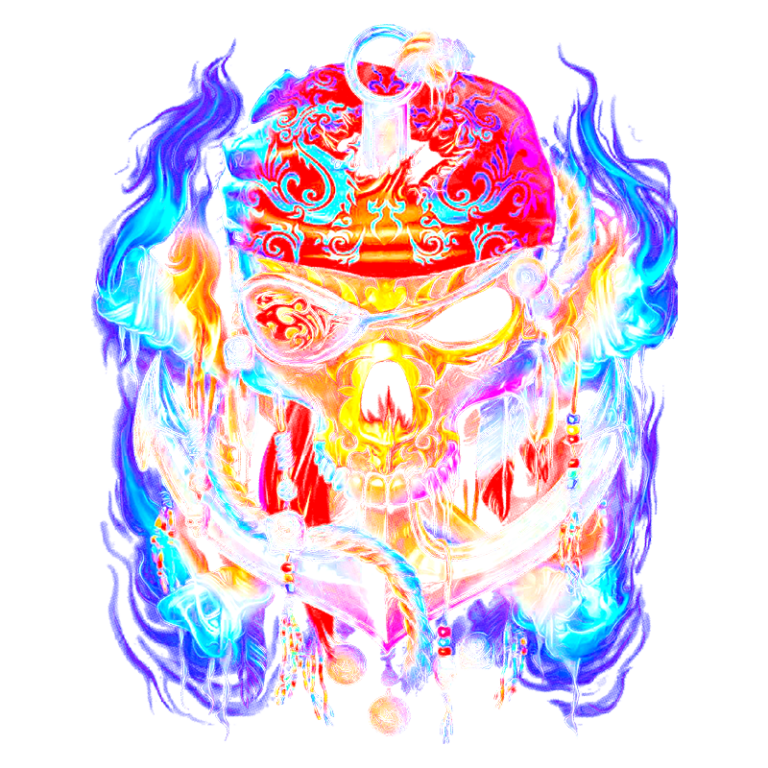 Caveira artisticamente decorada com elementos de pirata, como espadas e adornos, em um fundo colorido vibrante. Ideal para temas de arte, tatuagens e cultura pop.