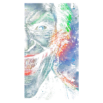 Imagem de close-up do vilão icônico Coringa, destacando seu sorriso maligno, maquiagem marcada e cabelo verde vibrante, com um fundo colorido e explosivo que transmite uma sensação de caos e intensidade.