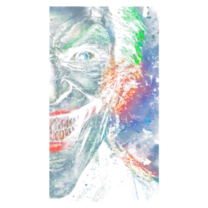 Imagem de close-up do vilão icônico Coringa, destacando seu sorriso maligno, maquiagem marcada e cabelo verde vibrante, com um fundo colorido e explosivo que transmite uma sensação de caos e intensidade.