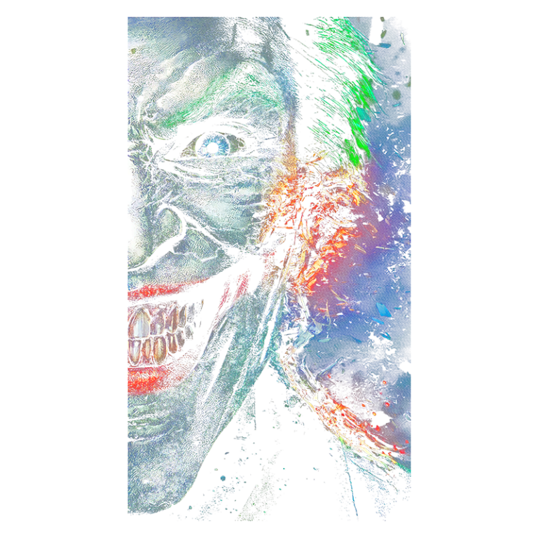 Imagem de close-up do vilão icônico Coringa, destacando seu sorriso maligno, maquiagem marcada e cabelo verde vibrante, com um fundo colorido e explosivo que transmite uma sensação de caos e intensidade.