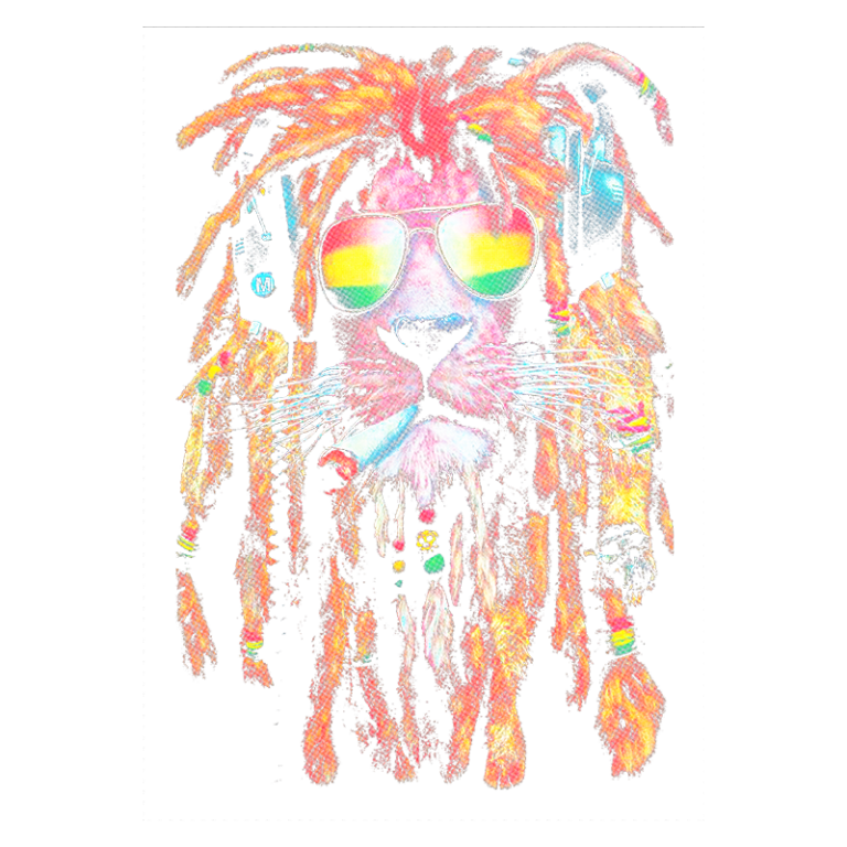 Leão estilizado com cabelo dreadlocks, óculos de sol coloridos e fones de ouvido, fumando um cigarro. Design vibrante que combina elementos da cultura reggae e uma estética ousada.