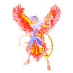 Personagem de anime segurando chamas, vestido com uma armadura azul e detalhes em prata, com asas de fogo ao fundo. Ilustração vibrante simbolizando coragem e poder.