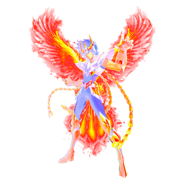 Personagem de anime segurando chamas, vestido com uma armadura azul e detalhes em prata, com asas de fogo ao fundo. Ilustração vibrante simbolizando coragem e poder.