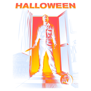 Imagem estilizada do personagem icônico de filme de terror, Halloween, emergindo de uma porta iluminada, empunhando uma faca. Elementos de Halloween, como uma abóbora esculpida e uma lápide com o nome "Judith Myers". Design vibrante em cores contrastantes, evocando uma atmosfera assustadora e temática do Halloween.