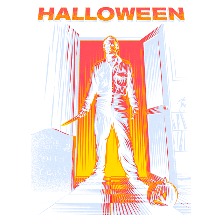 Imagem estilizada do personagem icônico de filme de terror, Halloween, emergindo de uma porta iluminada, empunhando uma faca. Elementos de Halloween, como uma abóbora esculpida e uma lápide com o nome "Judith Myers". Design vibrante em cores contrastantes, evocando uma atmosfera assustadora e temática do Halloween.