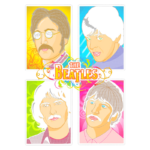 Ilustração colorida dos membros da banda The Beatles, apresentando retratos estilizados de John Lennon, Paul McCartney, George Harrison e Ringo Starr em um design vibrante e artístico.
