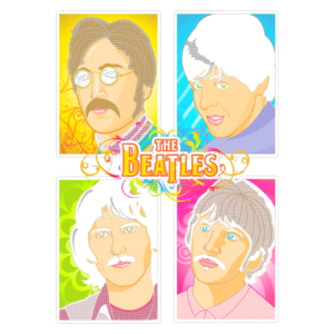 Ilustração colorida dos membros da banda The Beatles, apresentando retratos estilizados de John Lennon, Paul McCartney, George Harrison e Ringo Starr em um design vibrante e artístico.
